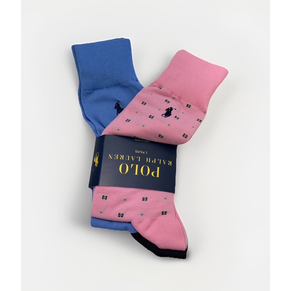 New Polo Ralph Lauren Men's Dress Socks 2-Pack Blue Pink Pony Logo‎ Cotton Blend
